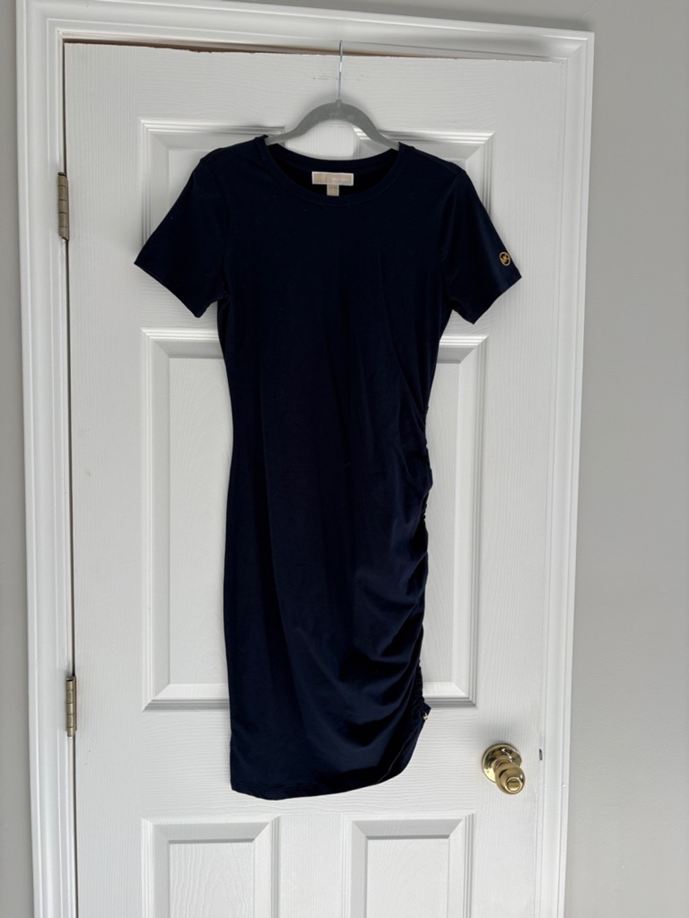Michael Kors Navy Short-Sleeve Ruched Midi Dress